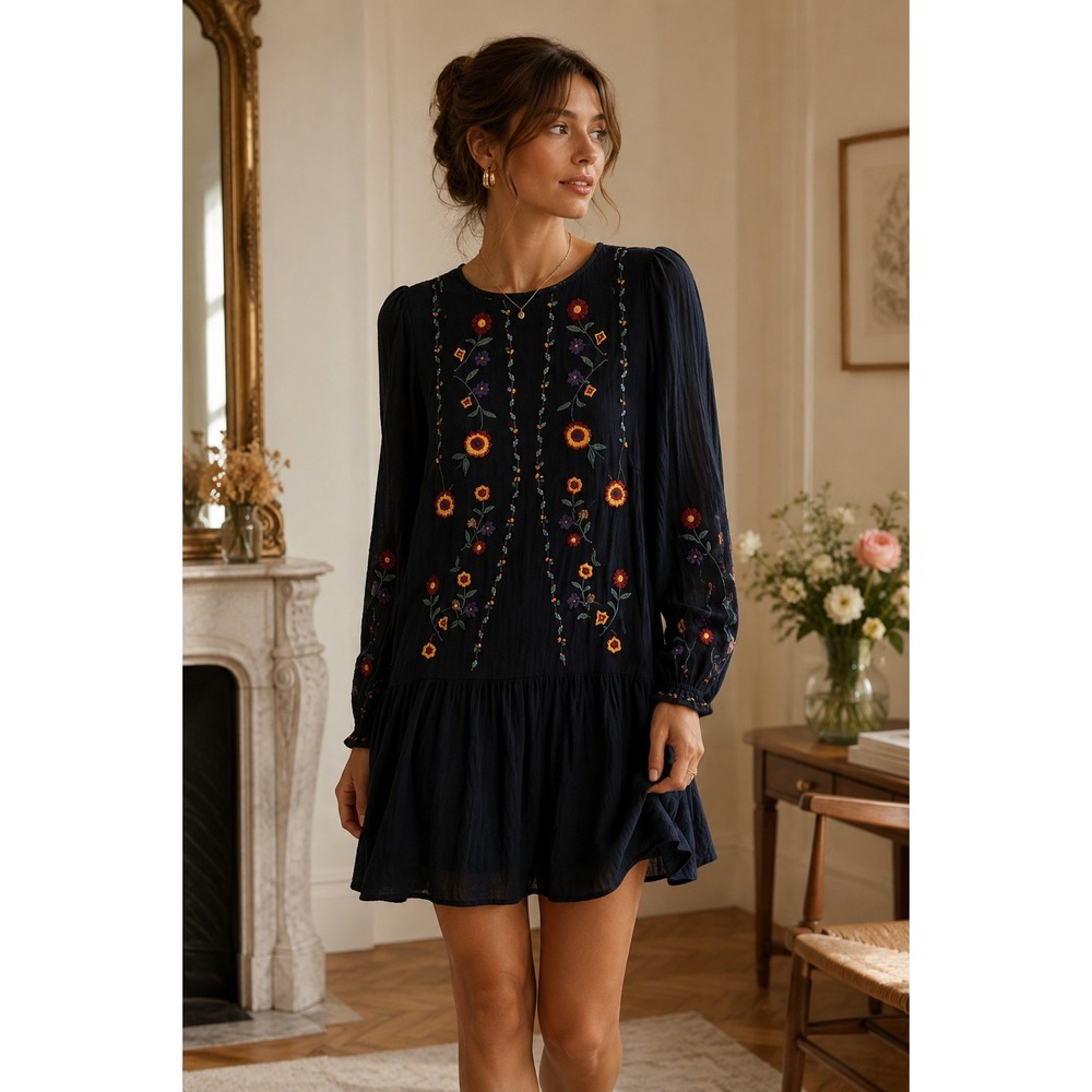 Sézane Elise Embroidered Floral Dress Womens 38 Black Boho Mini Long Sleeve